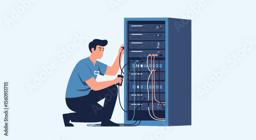System Administrator Connecting Cables To Server Rack For Maintenance Work