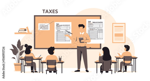 Tax Accounting Education Featuring Students Attending Finance Lessons On Tax Returns Filing