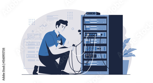 Network Technician Working On Server Room Infrastructure Management Concept