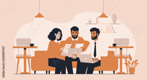 Teamwork Collaboration Of Employees On Project In Cafe Work Together Concept