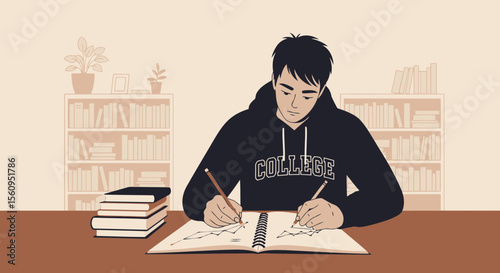 Student Immersed In College Studies Creating Graphs In A Cozy Room