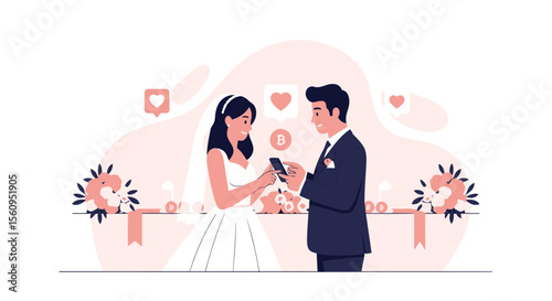 Modern Wedding Couple Using Cryptocurrency On Their Phone During Ceremony Scene