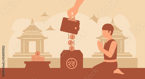 Monetary Donation For Spiritual Cause In The Temple With Devotee Praying