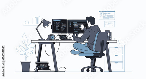 Modern Workspace Illustration Of A Programmer Coding On Dual Monitors At Desk