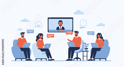 Virtual Conference And Online Meeting For Distance Learning Vector Illustration