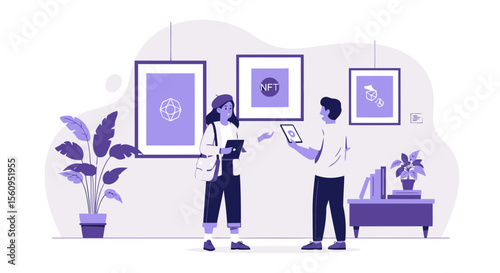 People Exploring Non-Fungible Token Artworks In Art Gallery For Digital Investment