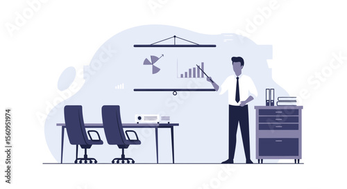 Man Presents Business Data On Screen In Modern Office Presentation Concept