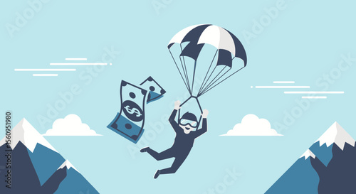 Money Parachute: A Vector Illustration Of Financial Aid And Risk Mitigation