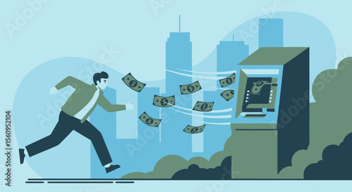 Man Running Away From An Atm With Money Flying Illustration Design
