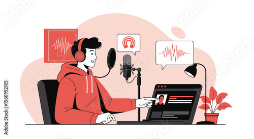 Podcast Recording Session With Man Using Professional Microphone And Laptop At Home