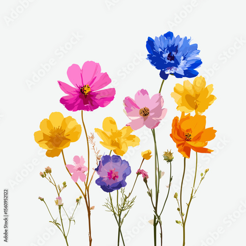 Colorful floral vector set on white background, vibrant flowers in PNG and PSD formats