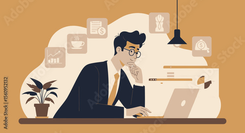 Man Thinking About Financial Growth Strategy While Working On Laptop At Office