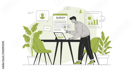 Man Analyzing Survey Data With Laptop In Modern Office Environment