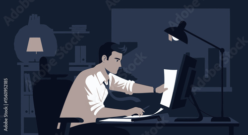 Man Working Late Hours At Computer In Dark Room Illuminated By Desk Lamp