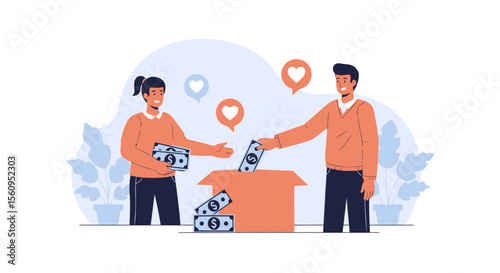 People Contributing Money To A Charity Box With Hearts In Speech Bubbles