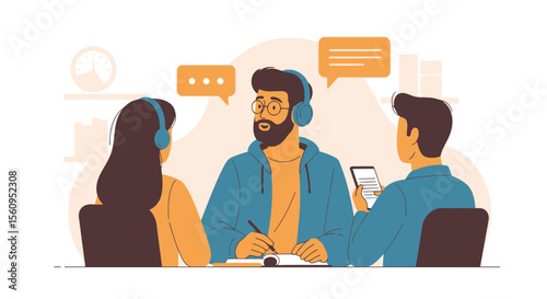 People Engaging In Podcast Conversation With Modern Devices And Illustration Style