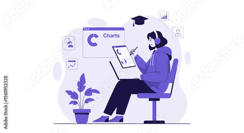 Woman Studying Financial Charts Online Concept Educational Webinar Learning Analytics
