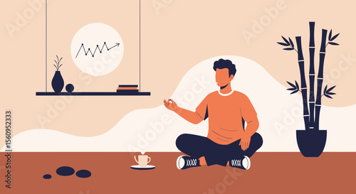 Mindful Man Meditating At Home To Achieve Business Growth And Success