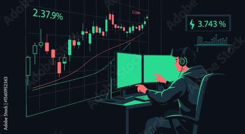 Financial Markets Analysis Illustration Of Trader Analyzing Graphs With Dual Monitors