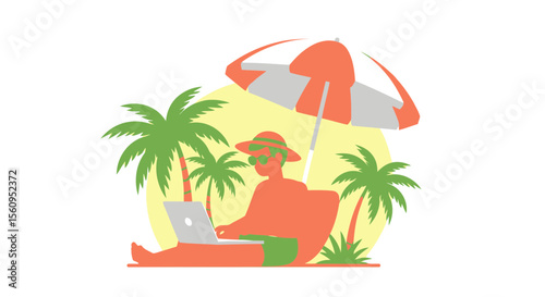 Person Relaxing Under Palm Trees While Working Remotely With Laptop