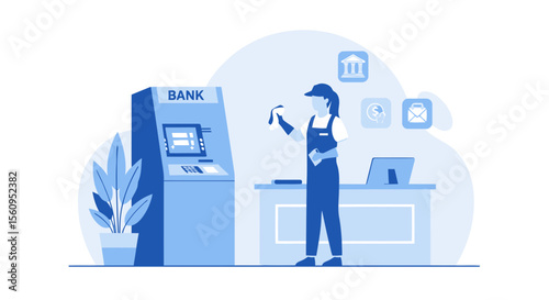 Worker Cleans An Atm Inside Financial Institution For Safe Banking Services