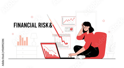 Woman Worried About Financial Loss Depicted by a Falling Graph in a Home Office