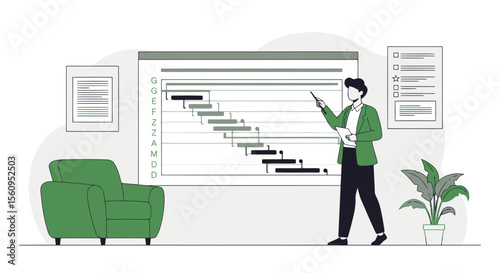 Presenting Project Timeline, Business Strategy Presentation, Workflow Management Illustration
