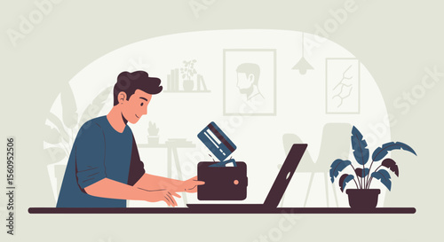 Young Man Purchases Online Via Laptop Using Credit Card And Virtual Wallet