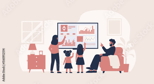 Family Discussing Financial Data Charts On Television Screen At Home