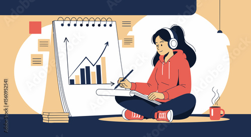 Young Woman Analyzing Graph At Home Freelance Project And Listening Music