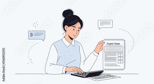 Young Woman Calculating Cryptocurrency Taxes With Documents And Calculator On Desk