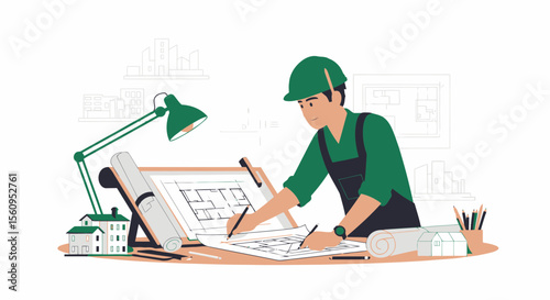 Professional Architect Working on Residential Project Blueprint in his Office