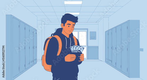 Student Counting Money In School Hallway Represents Financial Literacy Concept