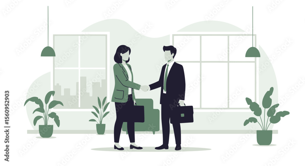 Obraz premium Successful Partnership: Business People Handshake in Office with Plants and City View