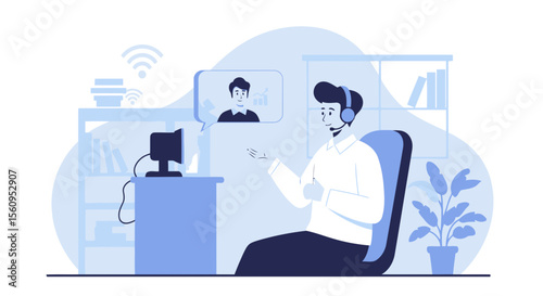 Professional Man Working From Home On Virtual Conference With Headset