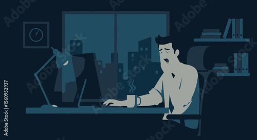 Exhausted Employee Struggles With Overtime Work In The Office Late At Night