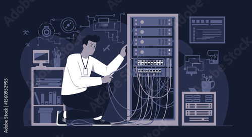 System Administrator Connecting Cables Server Rack Technical Infrastructure Maintenance