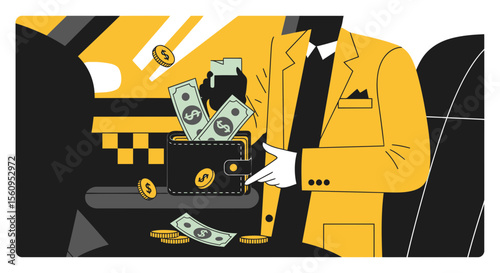 Paying A Taxi Ride With Cash By A Passenger In An Elegant Yellow Suit