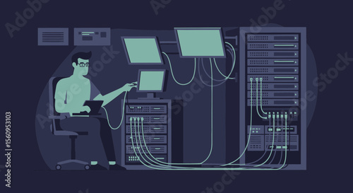 System Administrator Overseeing Network Performance In Server Room Illustration