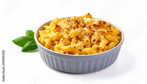 Baked macaroni and cheese in a gray ceramic dish with basil leaves on a white background