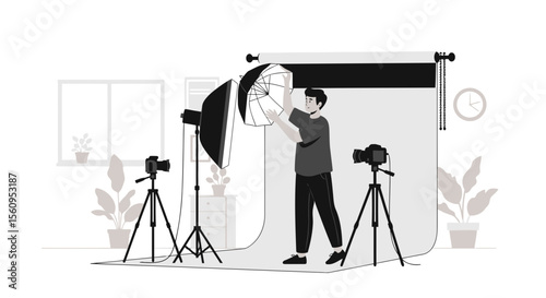 Photographer Assembling Studio Lighting Equipment For a Professional Photoshoot Setting