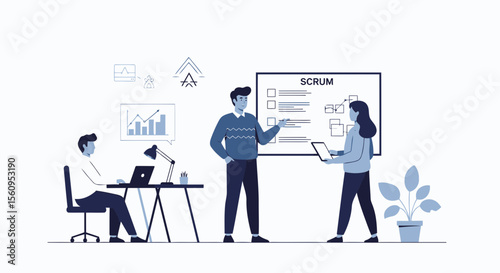 Scrum Meeting Discussion Showing The Planning Board In Flat Vector Illustration