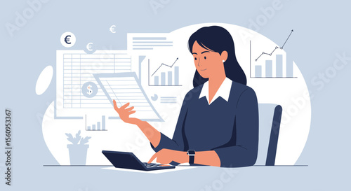 Confident Woman Analyzing Financial Data And Chart Performance In The Office