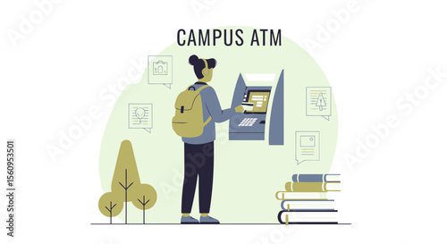 Student Using Atm Finance Banking On Campus Flat Design Illustration