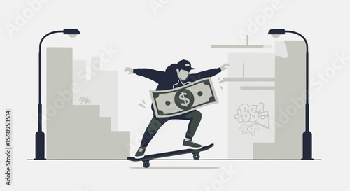 Urban Skater Riding High On A Currency Note Representing Financial Freedom And Wealth