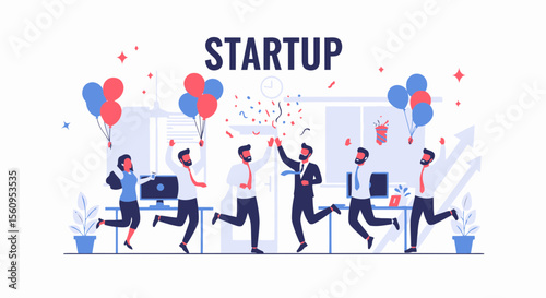 Startup Success Celebration With Joyful Team And Confetti In Office Environment