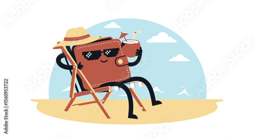 Wallet Character Relaxing On The Beach Enjoying A Tropical Drink In Summer