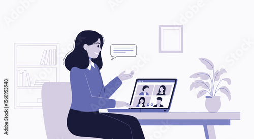 Woman Attending Virtual Meeting From Home, Vector Illustration Concept