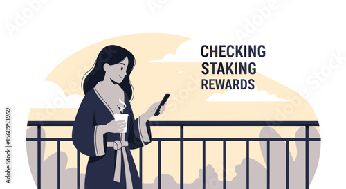 Woman Enjoying Morning Coffee While Monitoring Cryptocurrency Staking Income On Mobile Device