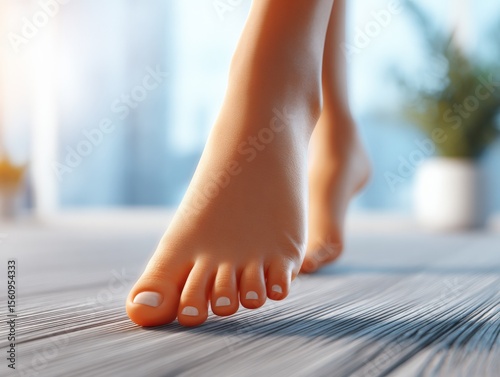 Wallpaper Mural Close-up of a woman's bare foot stepping on wooden surface in sunlight with a modern bright interior background in soft focus Torontodigital.ca